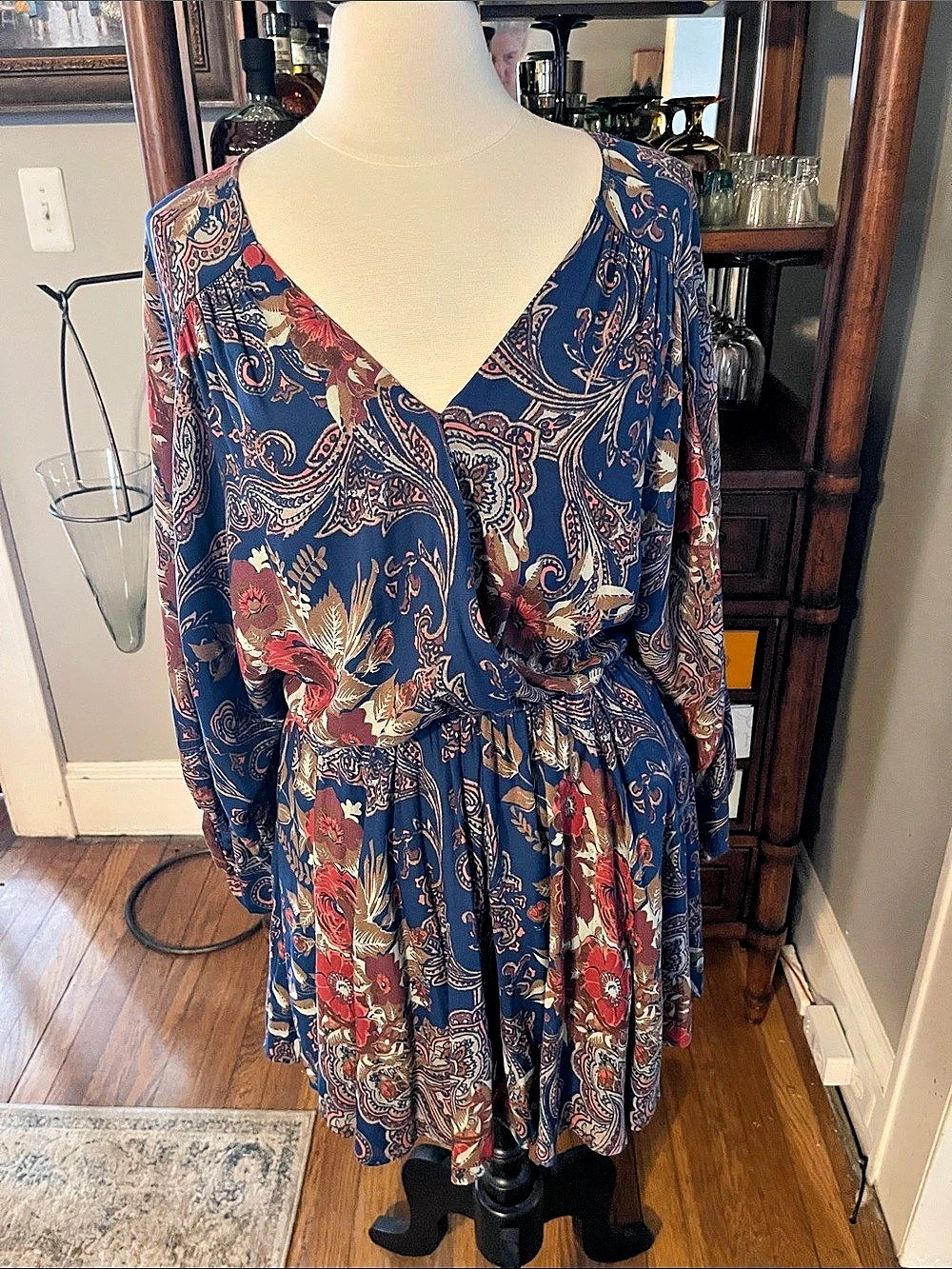 Free People Paisley Mini Dress in Blue & Rust